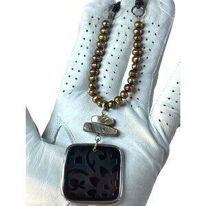 Silpada Mop Pearl‎ Etched Smokey Quartz Leather 925 Sterling Necklace 16''